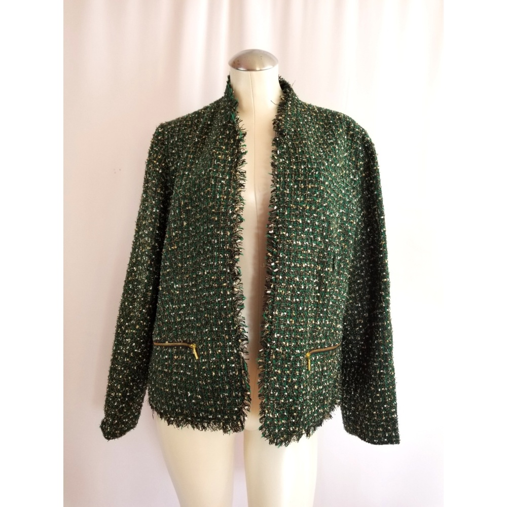 Chico's Dark Green Tweed Open Front Blazer with Gold Trim